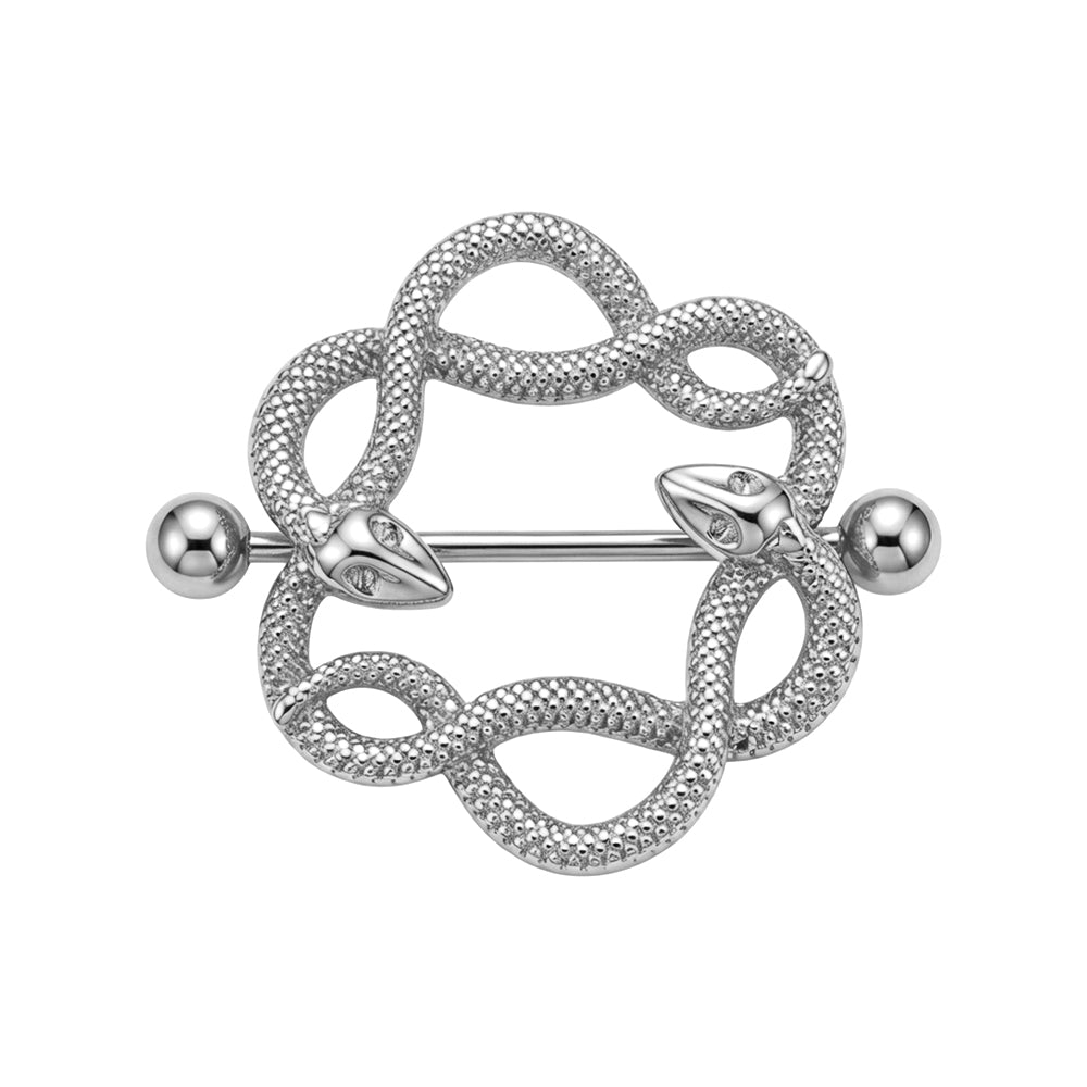 Single silver-tone twin snake nipple shield with crystal eyes on white background.