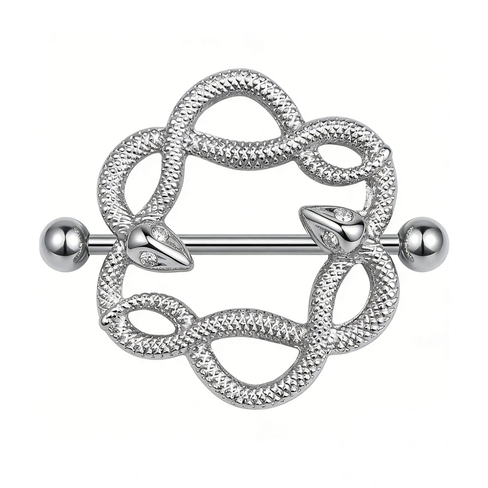 Single silver-tone twin snake nipple shield with crystal eyes on white background.