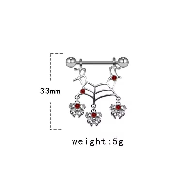 Silver spider web nipple shield showing product dimensions of 33mm height and 5g weight with red crystal accents.