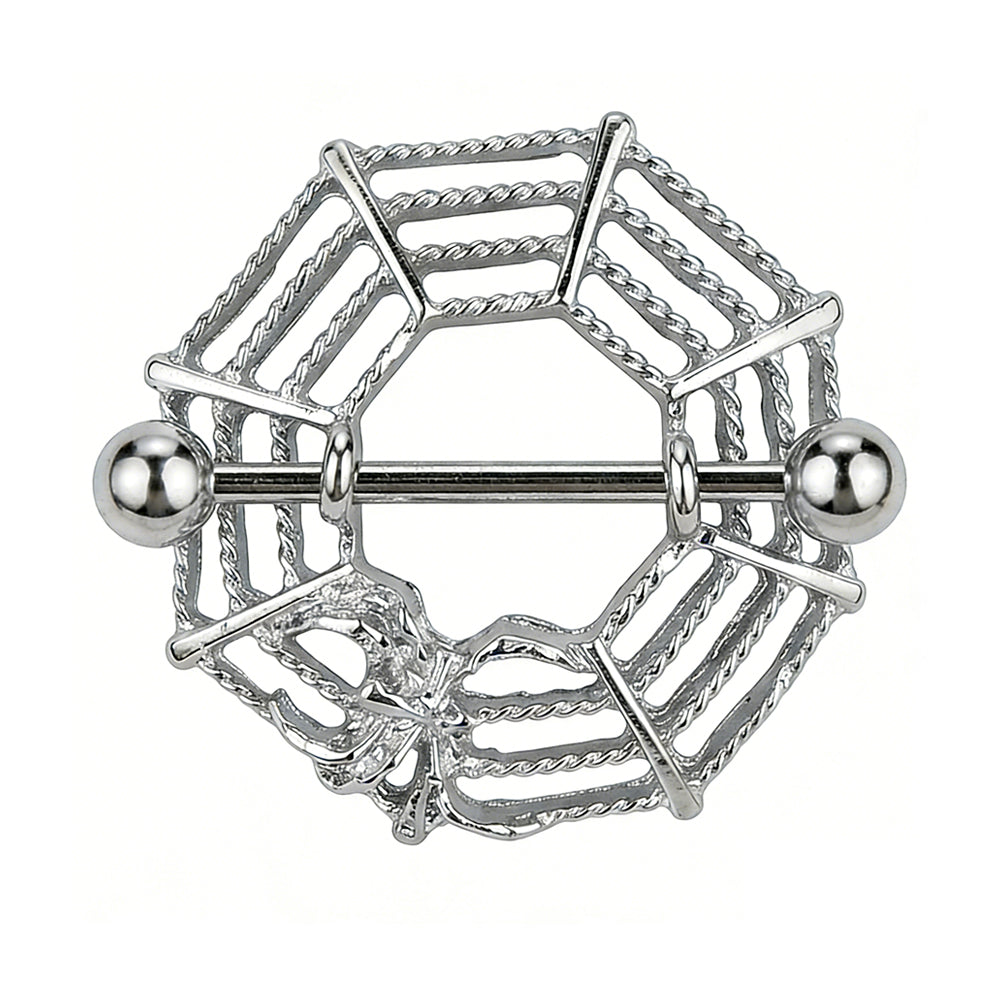 Front view of a single silver-toned spider web nipple shield with a small spider detail.