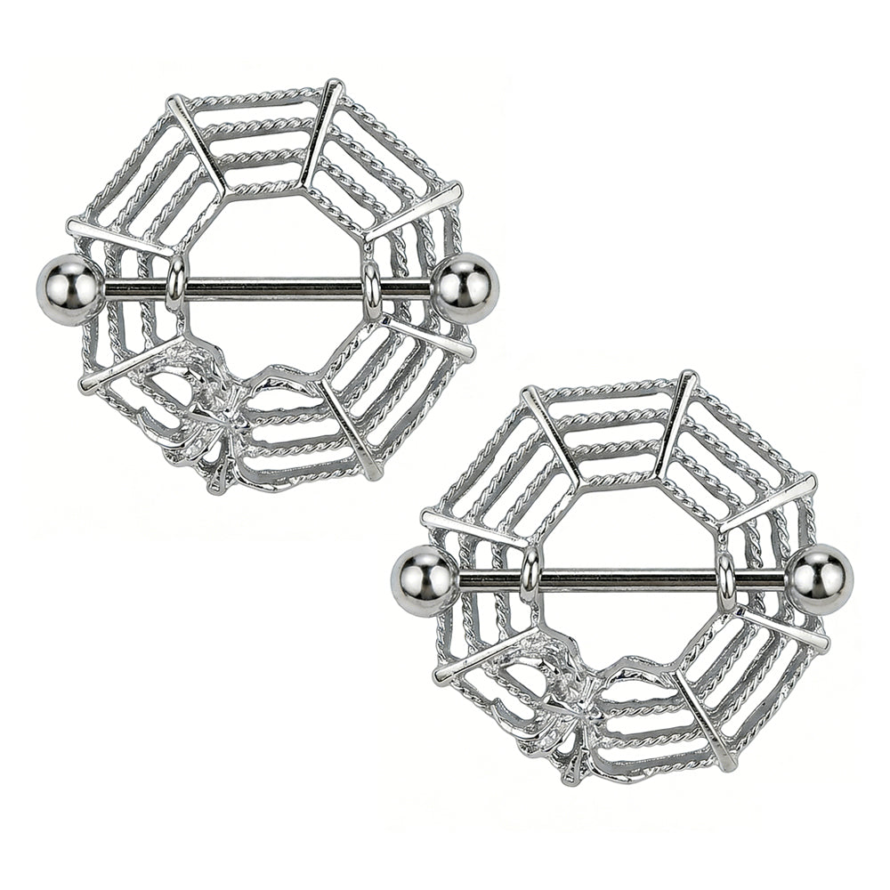 A pair of silver-toned spider web nipple shields gothic body jewelry for piercings.