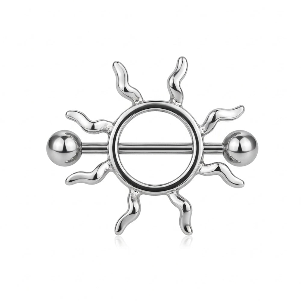 Front view of a polished silver-colored sunburst design nipple shield piercing with a straight barbell and balls.