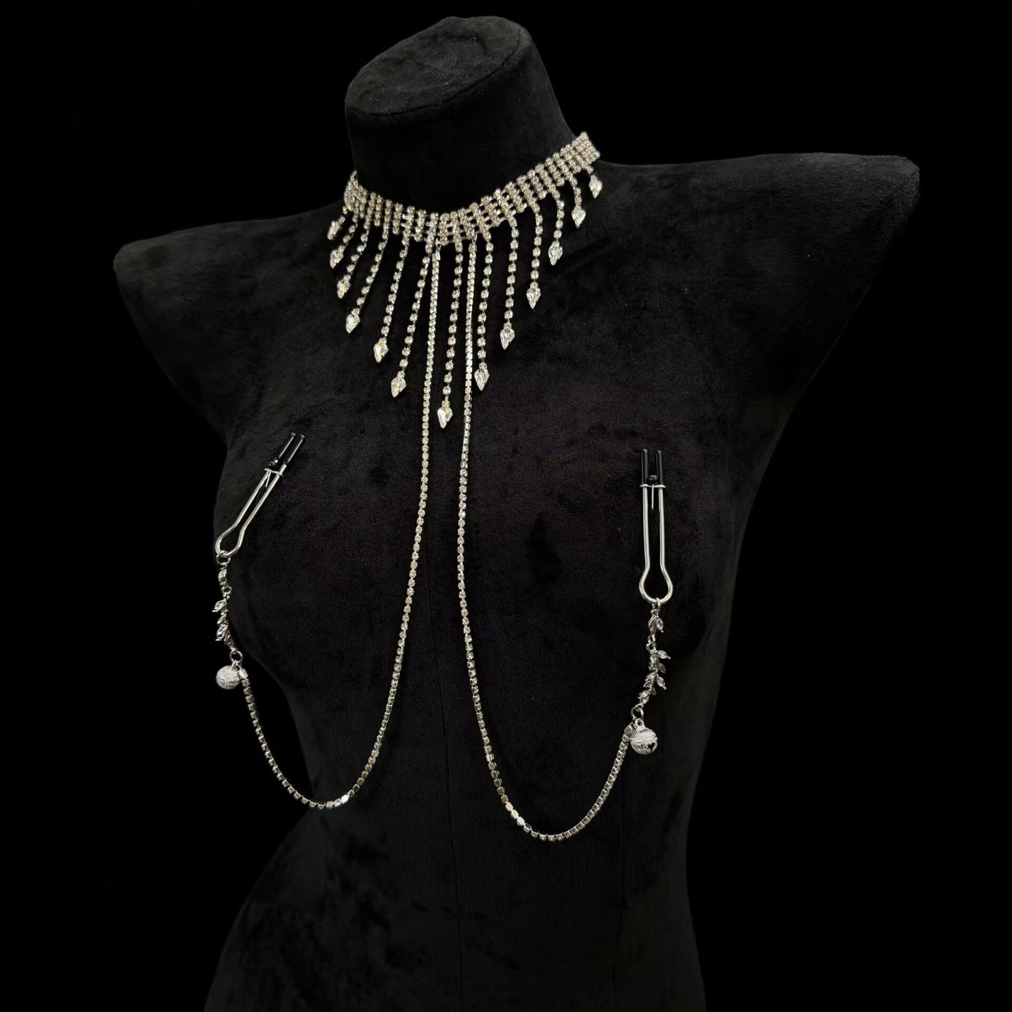 Silver rhinestone fringe choker body chain featuring sleek tweezer-style non-pierced clamps.