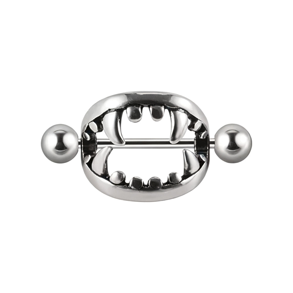 Vampire fangs nipple shield pair showing 14G 1.6mm gauge, 14mm bar length, and 13mm inner shield width dimensions.