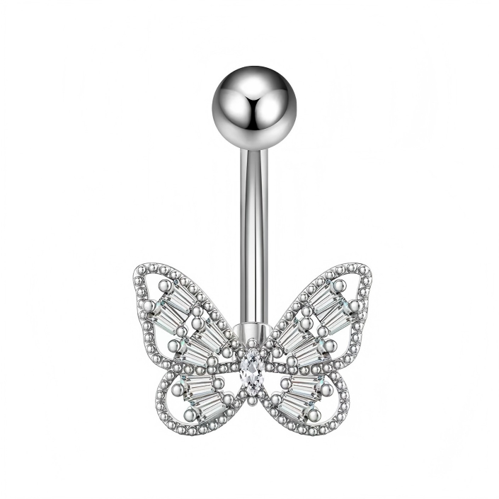 Silver 14G butterfly belly button ring with sparkly baguette crystals on a pure white background.