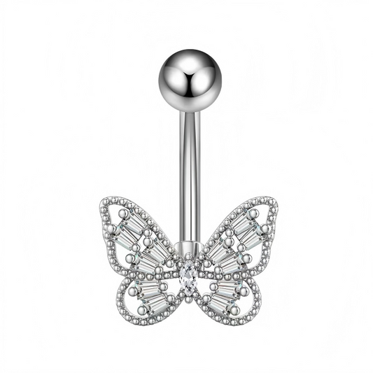 Silver 14G butterfly belly button ring with sparkly baguette crystals on a pure white background.