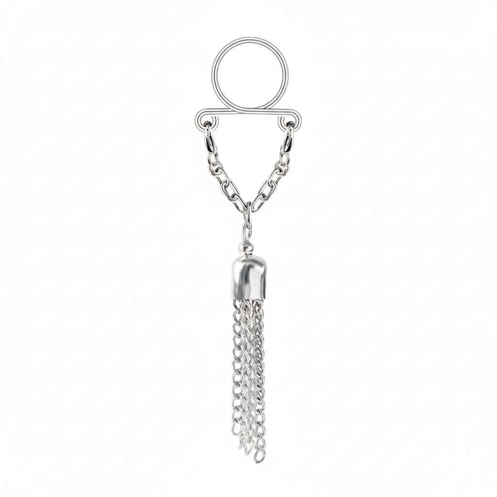 Single unit showcase of a non-piercing nipple ring featuring a decorative metal tassel and secure loop design.
