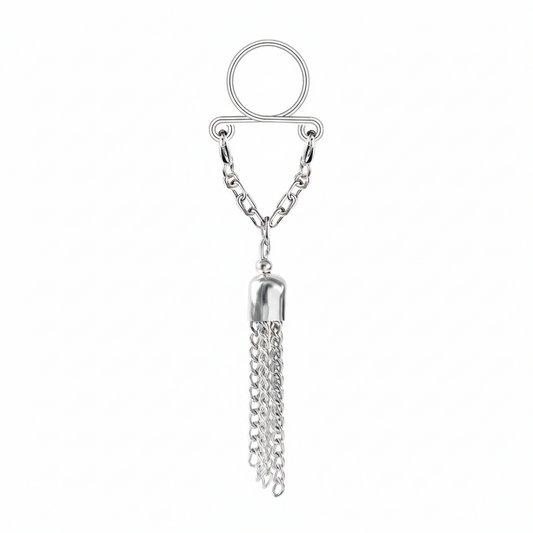 Single unit showcase of a non-piercing nipple ring featuring a decorative metal tassel and secure loop design.