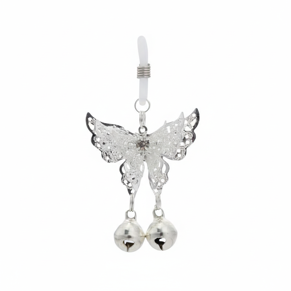 Front view of a single non-pierced butterfly nipple jewelry with an adjustable bead and loop mechanism.