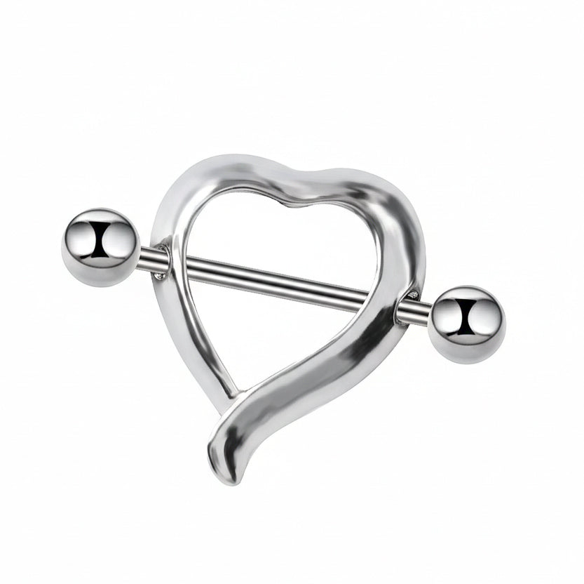 Close-up view of a single heart-shaped nipple shield with smooth edges and screw-on balls.
