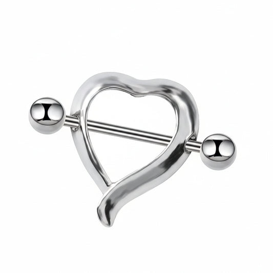 Close-up view of a single heart-shaped nipple shield with smooth edges and screw-on balls.