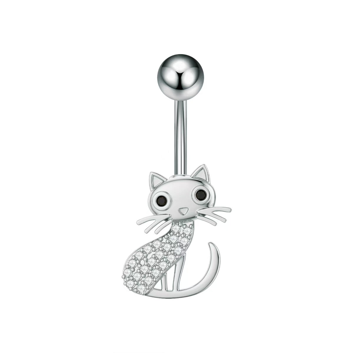 Front view of a silver sitting cat belly button ring with black crystal eyes and white CZ paved body on a pure white background.