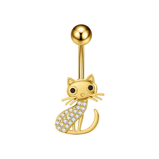 Radiant gold sitting cat navel piercing jewelry featuring sparkling crystal embellishments, displayed on a clean white background.