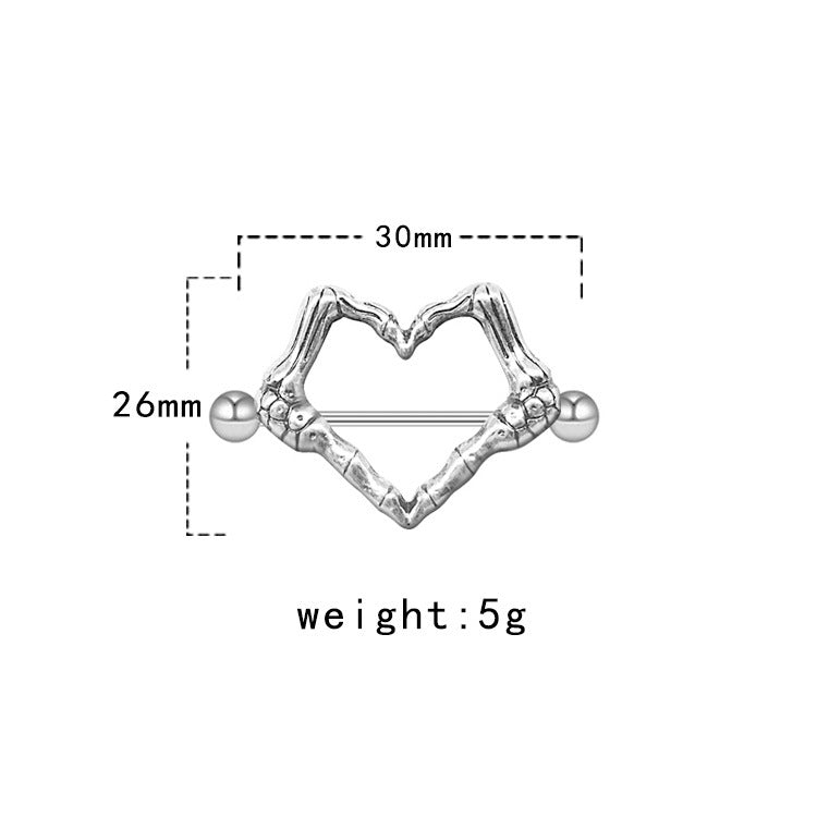 Technical diagram showing the dimensions of the skeleton heart nipple shield: 30mm width, 26mm height, and a weight of 5g.
