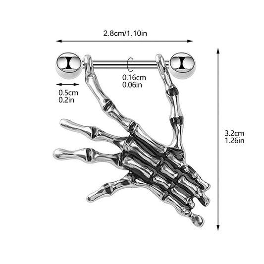 Detailed size chart for skeleton hand nipple piercing showing 2.8cm width and 1.26in height.