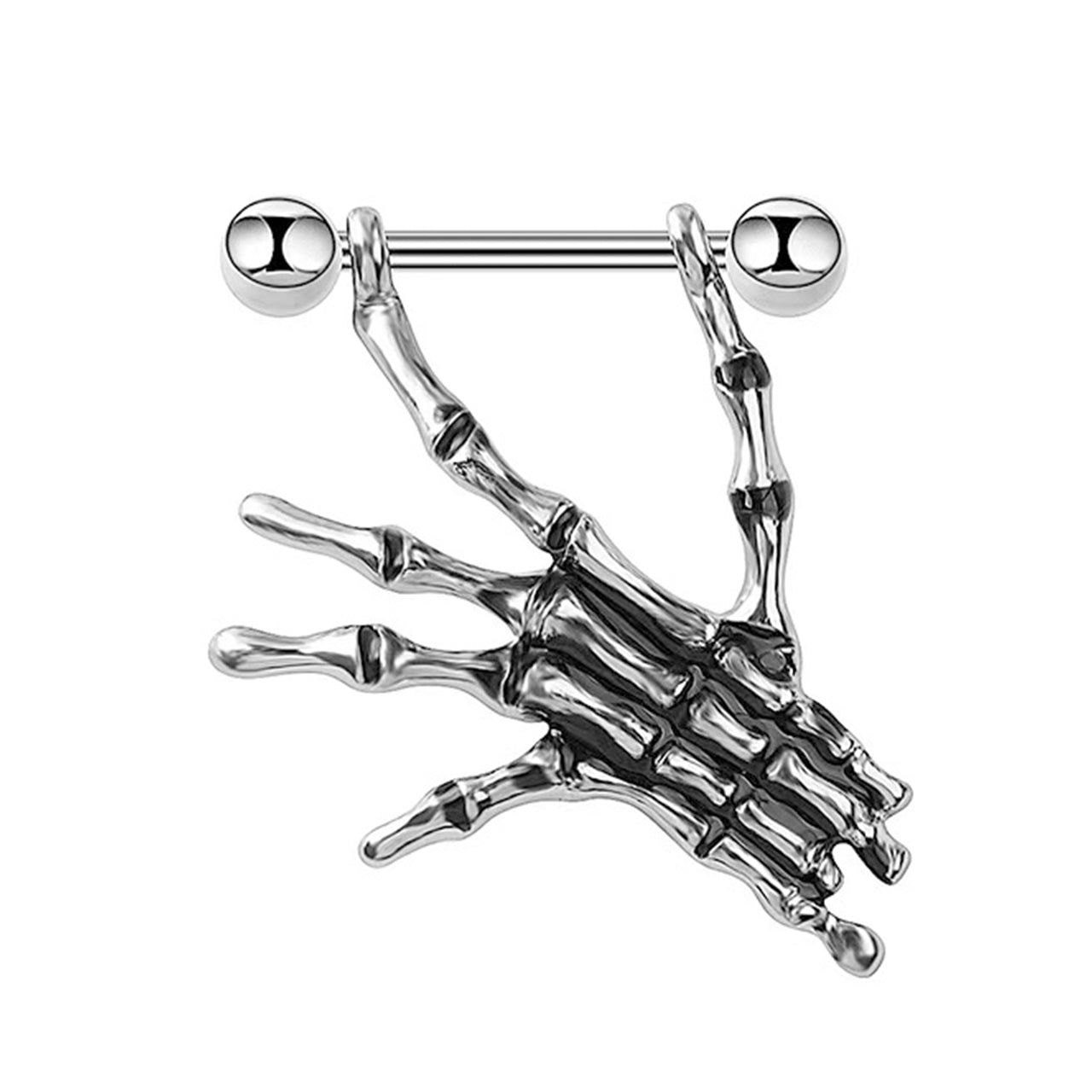 Silver gothic skeleton hand nipple shield barbell piercing on white background.