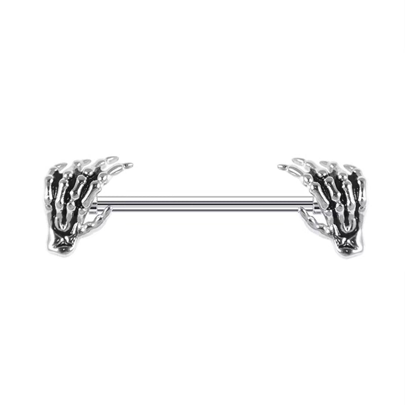 A single gothic skeleton hand nipple barbell on a pure white background.