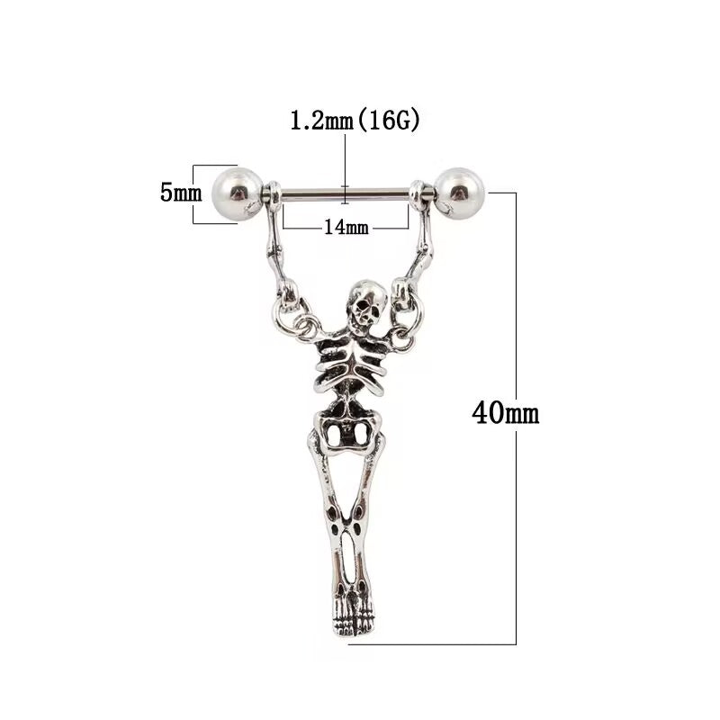 Size guide for skeleton dangle nipple barbell showing 16G 1.2mm gauge 14mm length 5mm ball and 40mm dangle length.
