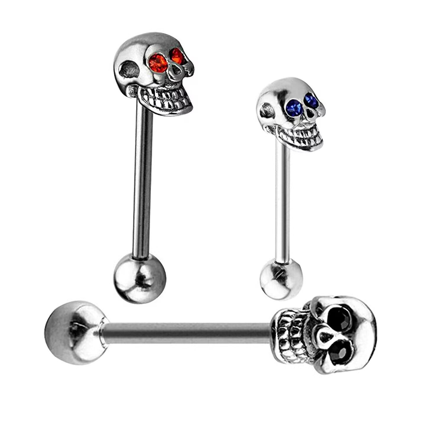 Multi-angle view of skeleton skull tongue barbell body jewelry with red, blue, and black eyes.