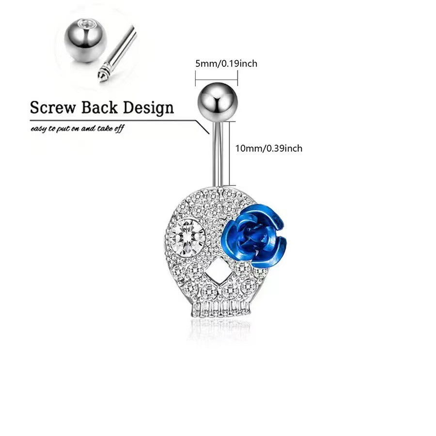 Product dimensions for the skull belly ring showing 10mm bar length and 5mm top ball size.
