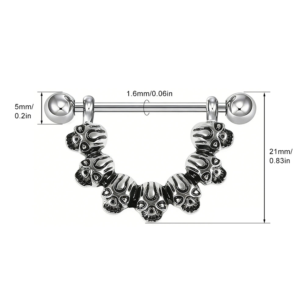 Detailed size chart for skull nipple shield showing 1.6mm gauge and 21mm height.