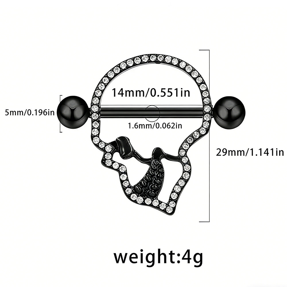 Technical size chart for skull nipple shield showing 14mm inner diameter and 1.6mm gauge.
