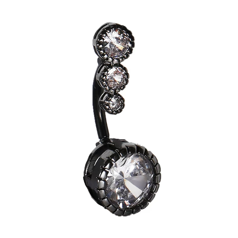 Sleek black finish triple cubic zirconia curved top navel ring with clear CZ gems