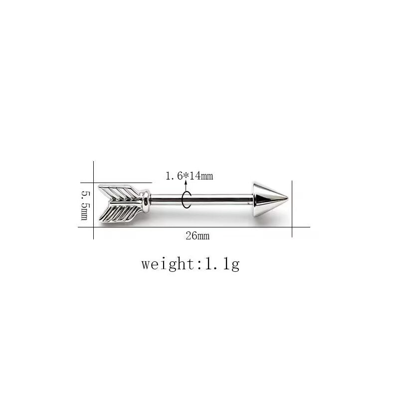 Sleek silver arrowhead nipple straight barbell 1.6x14mm sizing chart.