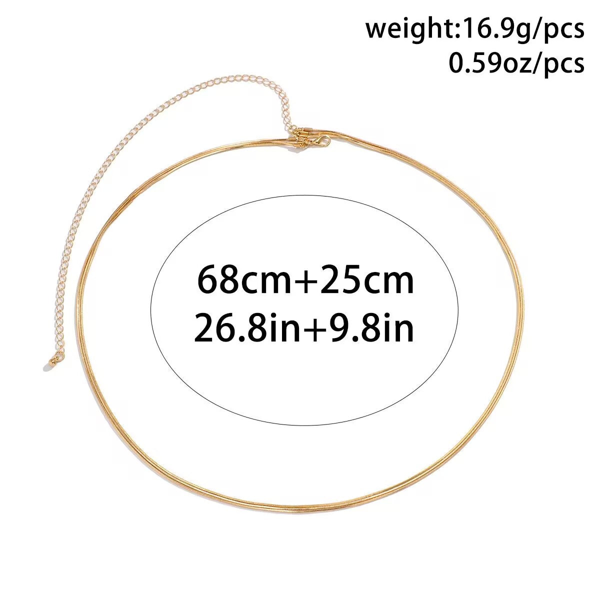 Product size chart showing 68cm main length and 25cm extender chain for adjustable waist chain.