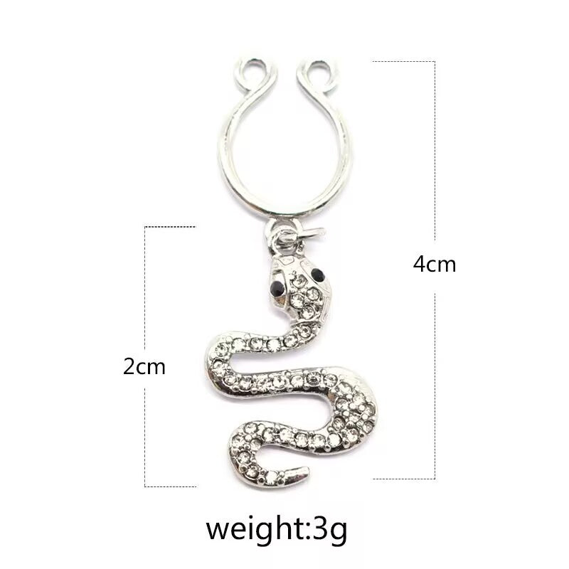 Product size chart showing the snake nipple ring is 4cm long with a 2cm pendant and weighs 3g.
