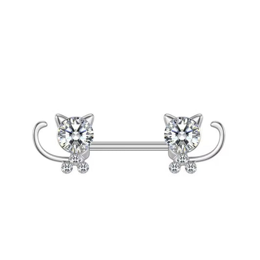 Front view of a silver-toned cat-shaped nipple ring featuring a large round crystal and a curled tail.