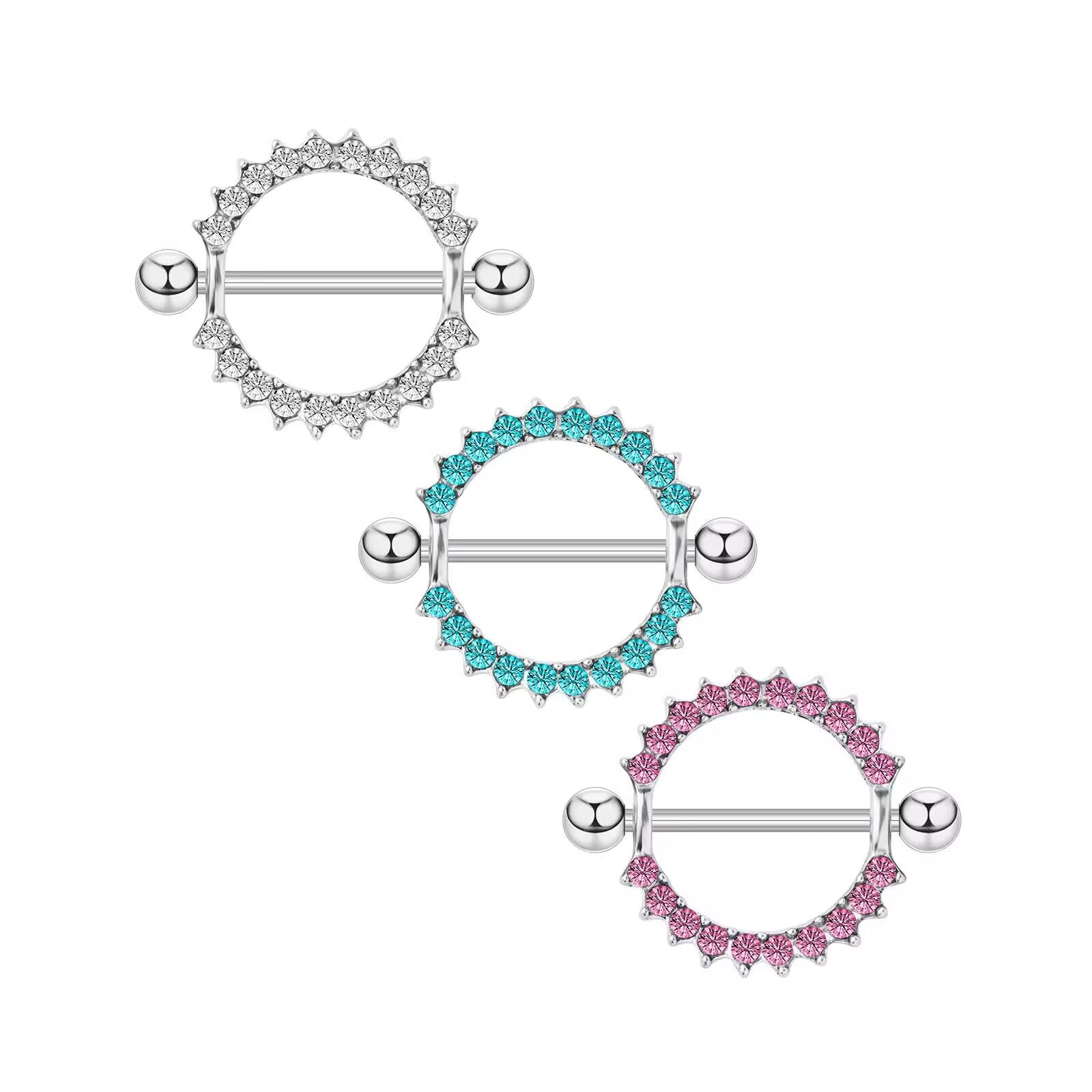 High-polish nipple barbells with decorative round crystal cz shields in three colors, arranged diagonally on a clean white background.