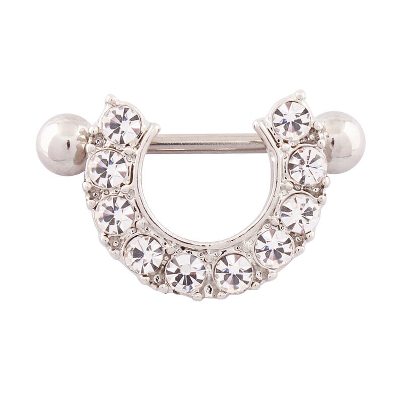 A silver-toned U-shaped nipple shield featuring a row of clear crystals on a straight barbell.