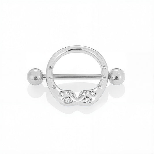 Crystal-encrusted twin snake nipple shield with a silver-polished barbell and clear gemstone accents