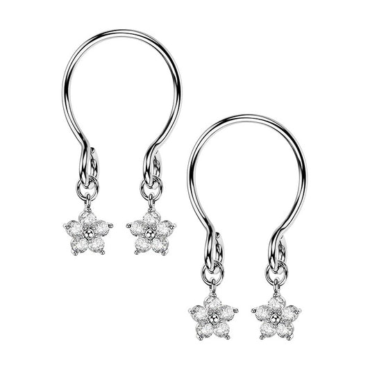 A pair of silver U-shaped nipple rings featuring delicate five-petal cubic zirconia flower dangles for a feminine look.