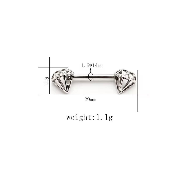Diamond shape ends nipple straight barbell jewelry with size specifications.