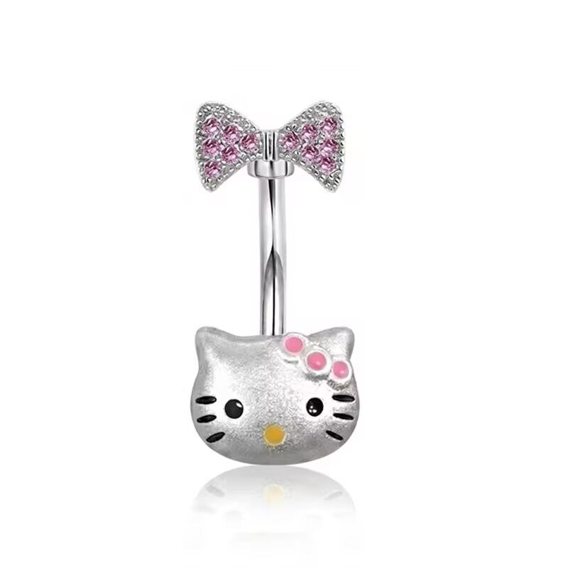 Cute Kitty navel piercing ring featuring a bright pink crystal-paved bow top charm on a curved barbell.