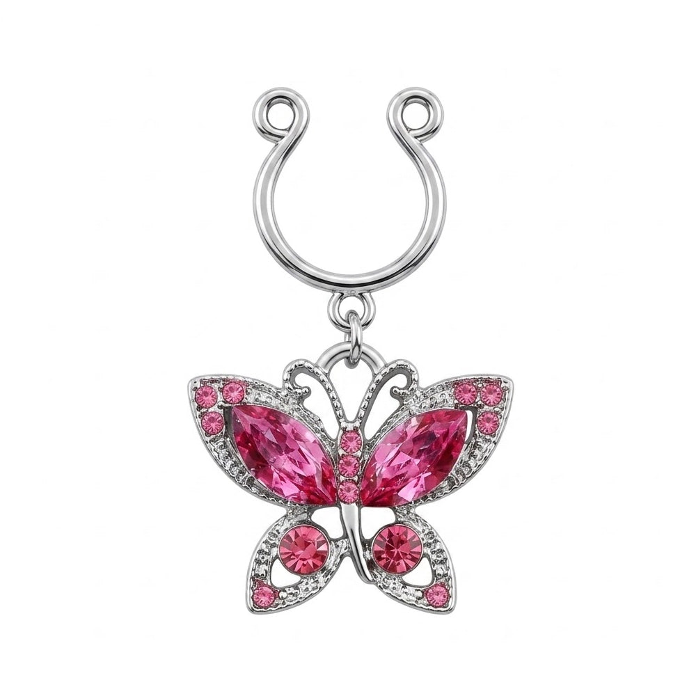 Sparkling pink crystal rhinestone butterfly fake nipple piercing dangle clip pair