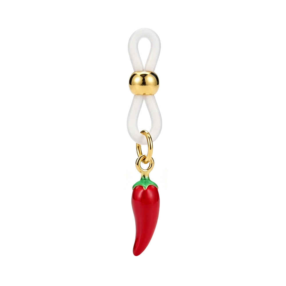 Single non-piercing nipple ring with a white adjustable silicone loop, a gold slider bead, and a dangling red enamel chili pepper charm on a pure white background.