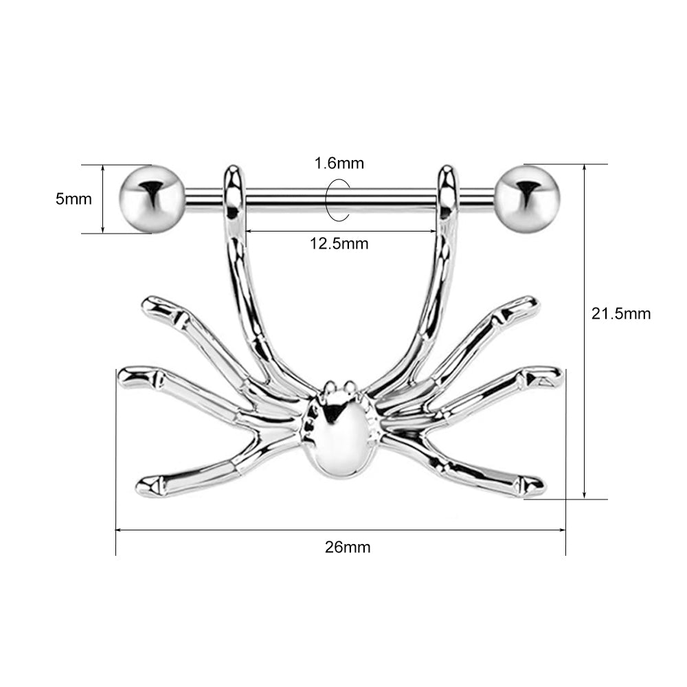 Size chart for spider nipple ring showing 14G bar and 26mm width.