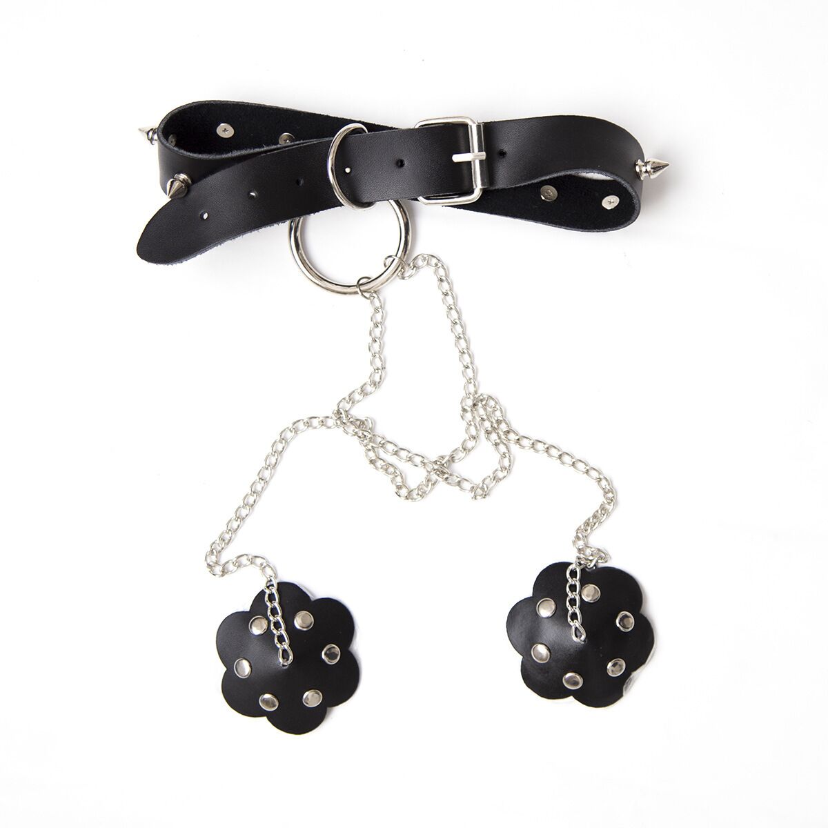 Full flat-lay product view of the dark subculture accessory showing the spiked choker with an O-ring, long draped body chains, and studded flower accents.