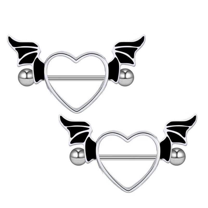Gothic bat wing heart nipple shield with dark enamel and skull detail.