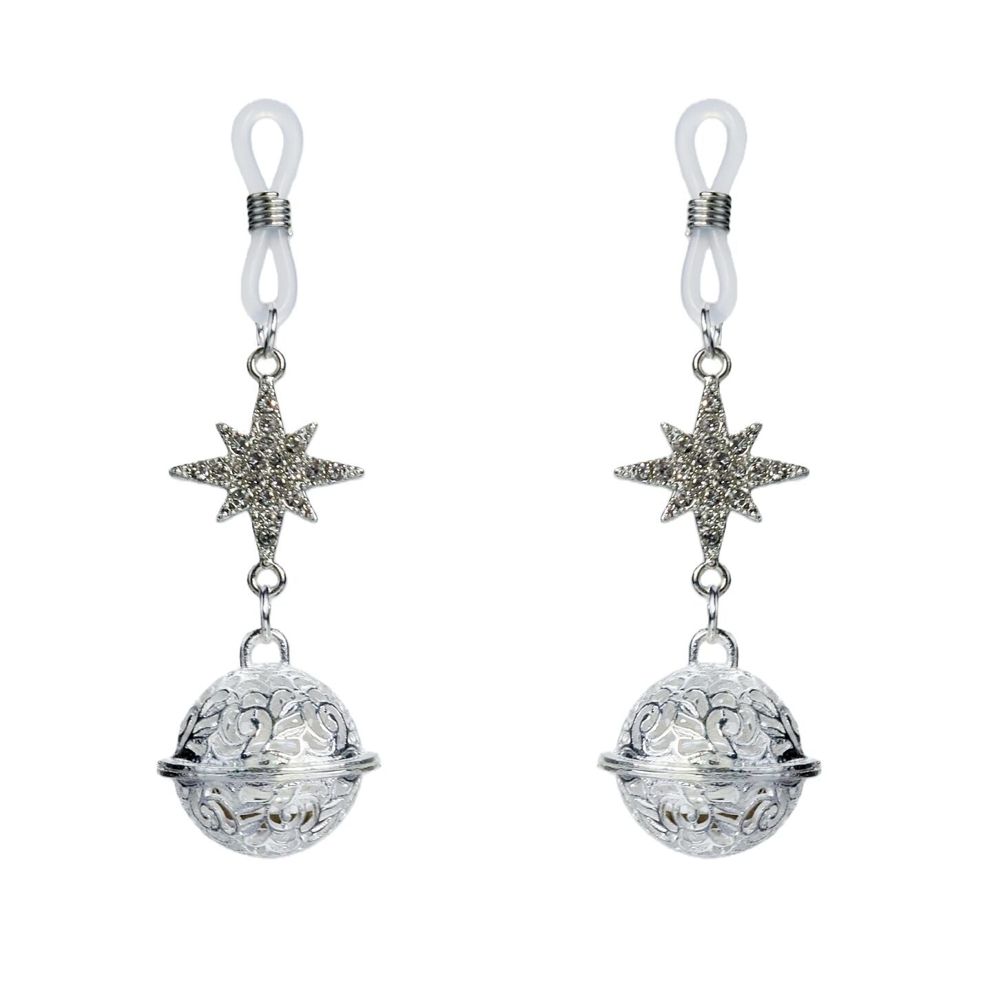 A pair of silver-tone non-piercing nipple loops featuring celestial North Star charms and hollow filigree balls.