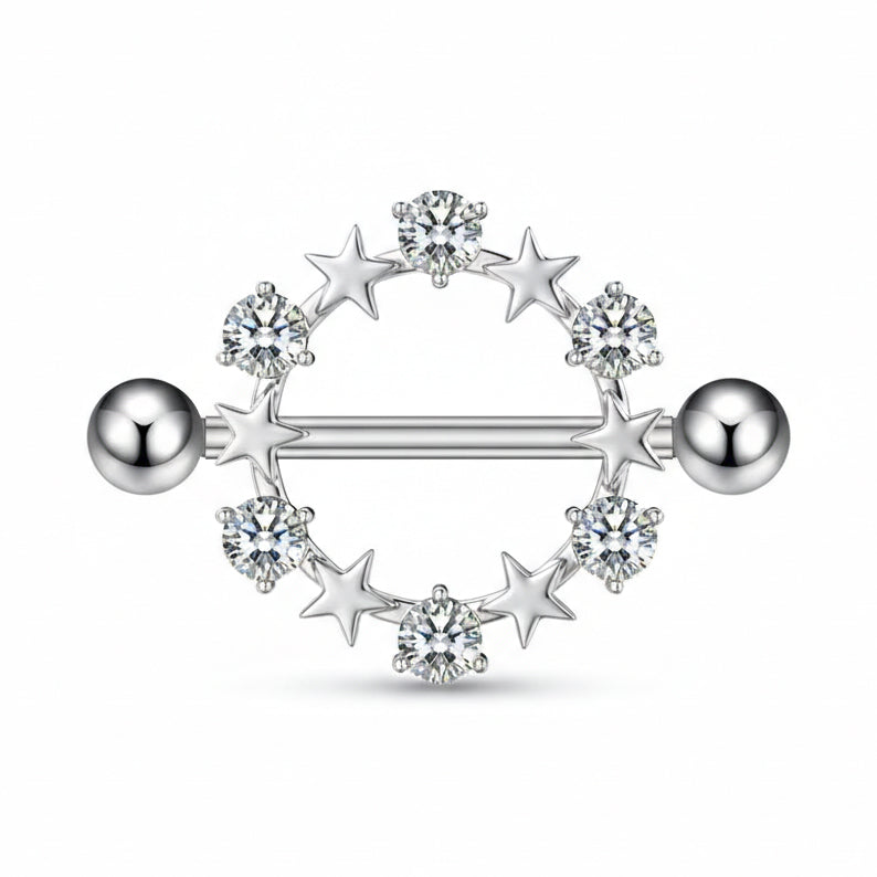 Single silver star halo nipple shield with brilliant white crystals
