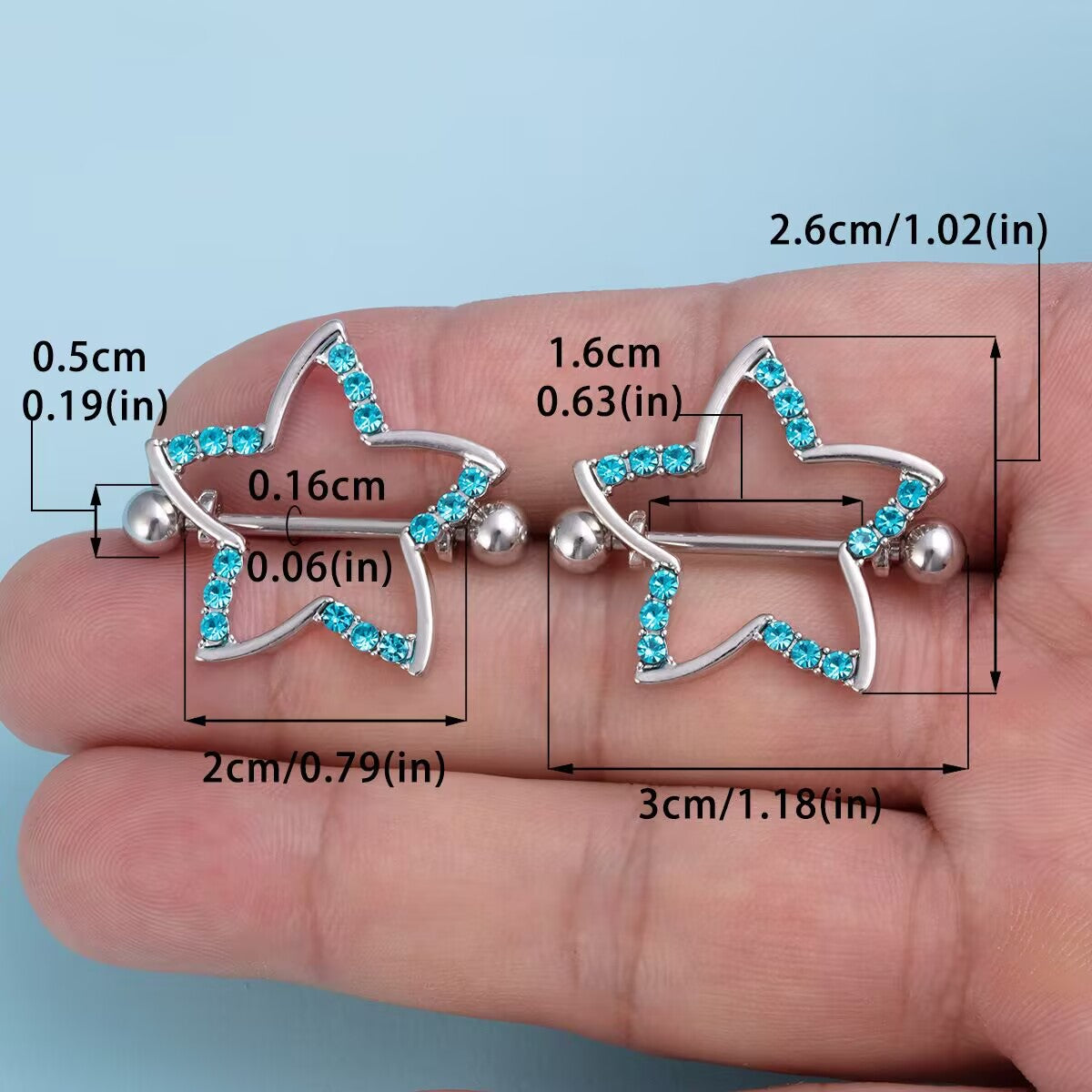 Detailed size measurement chart for the star nipple shield showing dimensions in centimeters and inches.