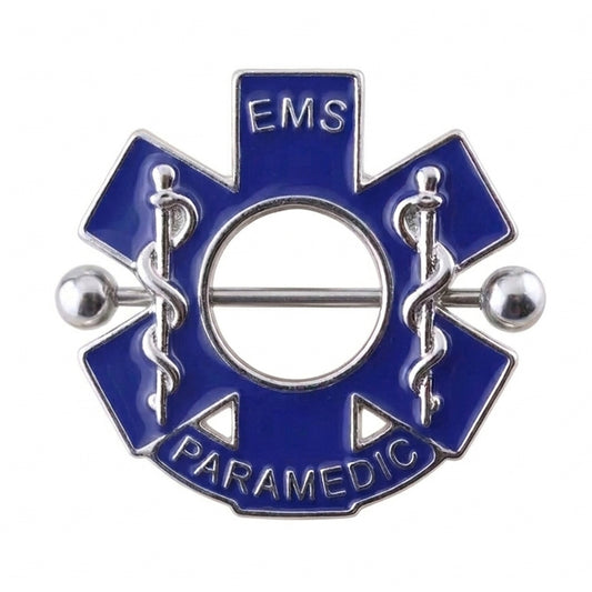 Blue Star of Life nipple shield jewelry featuring silver EMS and Paramedic text with a central barbell on a white background.