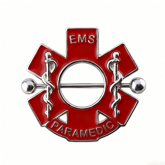 Red Star of Life nipple shield jewelry featuring silver EMS and Paramedic text with a central barbell on a white background.