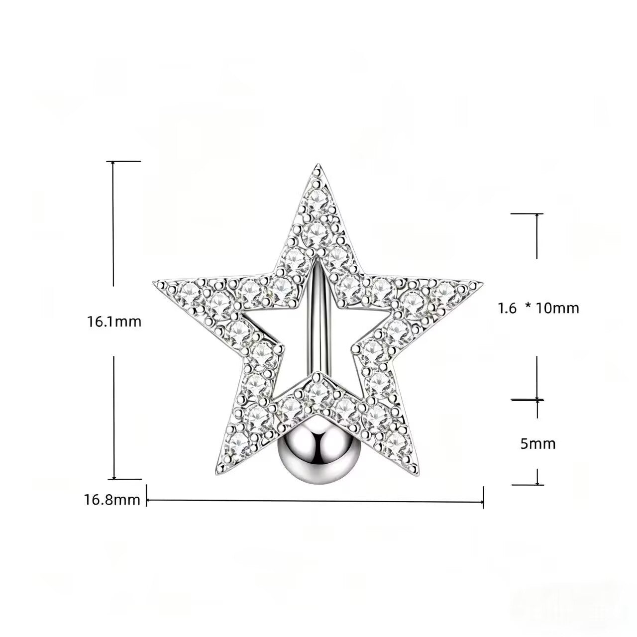 Detailed size specifications for star reverse navel jewelry with 16.8mm width and 14G gauge.