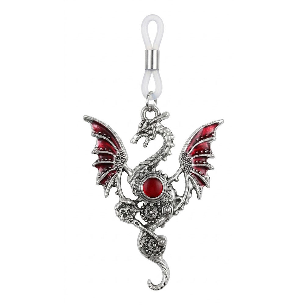 Single mechanical dragon nipple shield with red wings and steampunk gear details on a white background.