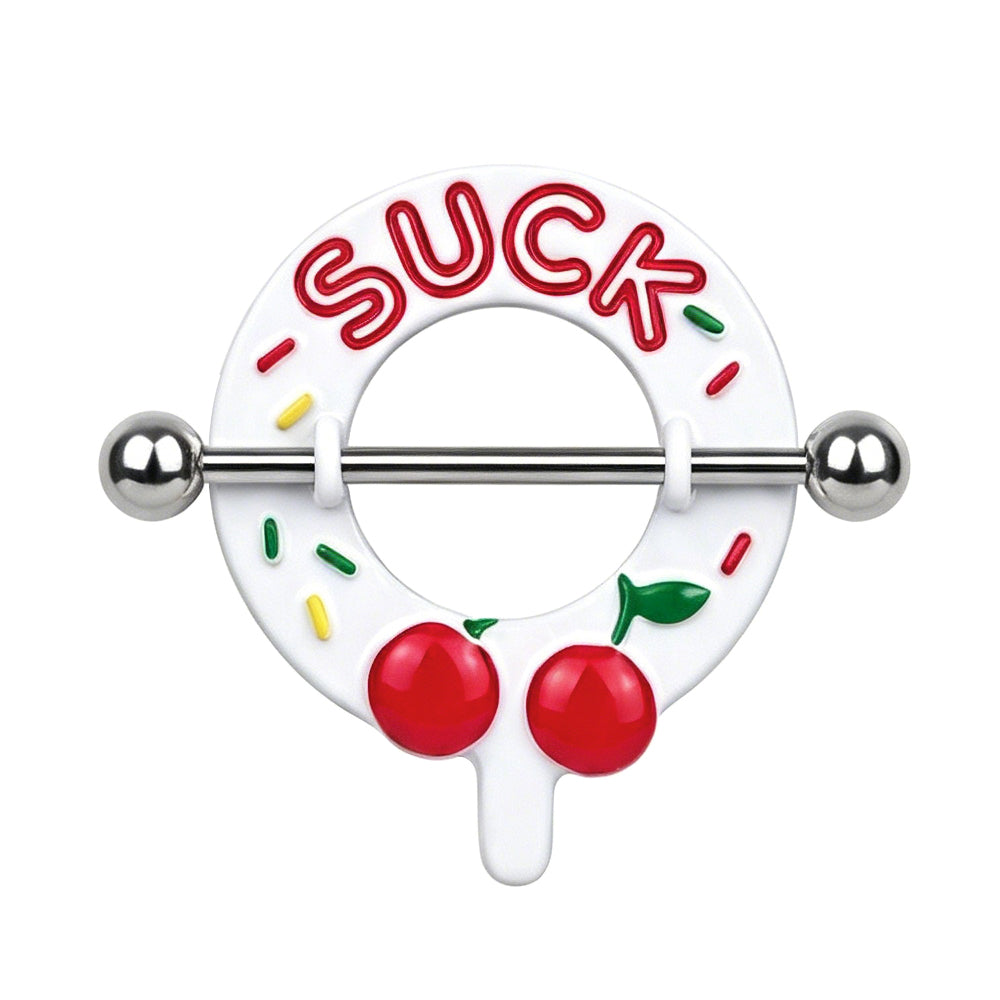 Front view of a 14G nipple shield ring featuring a white dripping donut design with a red SUCK slogan, sprinkles, and two red cherries on a titanium bar.